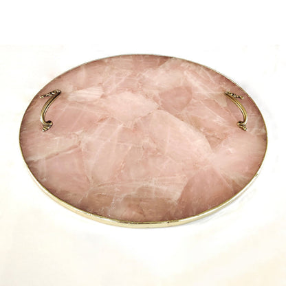 Rose Quartz Round Serving Tray with Brass Handles