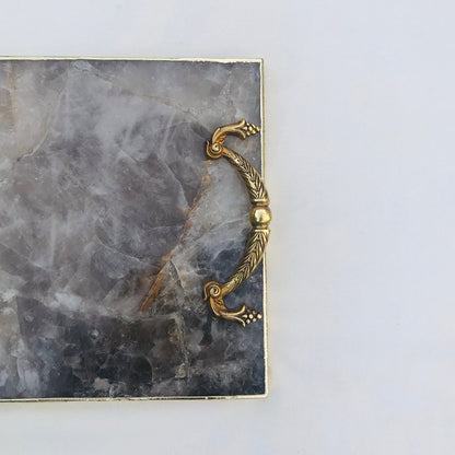 Smoky Quartz Serving Tray with Brass Handles