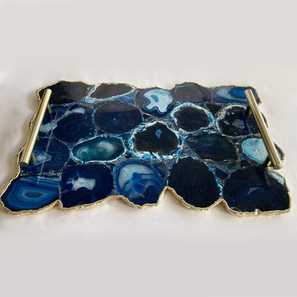 Large Blue Agate Serving Tray With Plain Modern Brass Handles 10"x15"