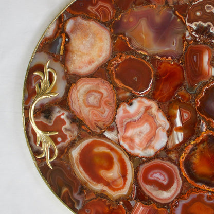 Red Agate Round Serving Tray with Brass Handles