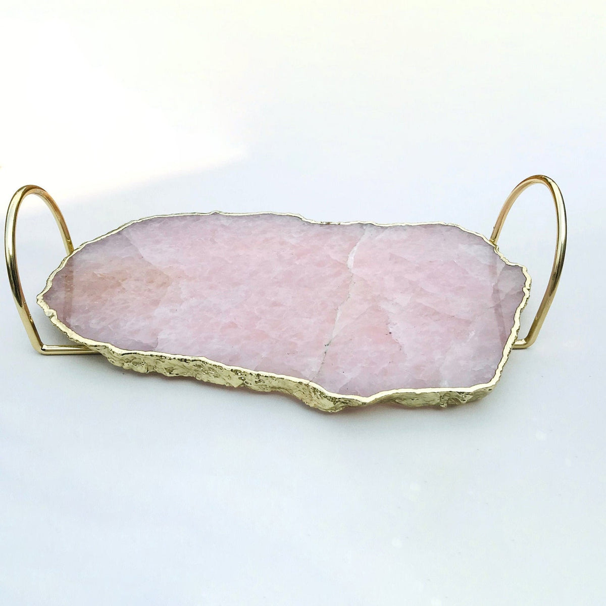 Rose Quartz Agate Serving Tray With Brass Loop Handles