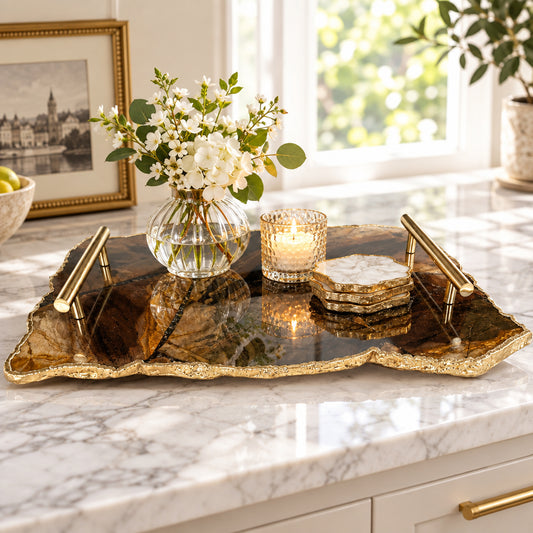 Large Brown Agate Serving Tray With Brass Handles