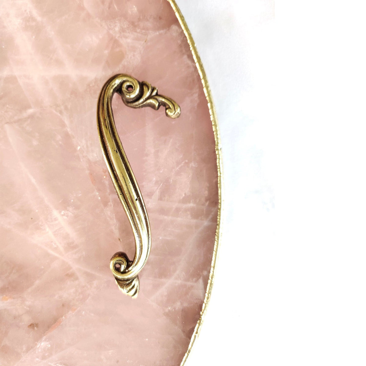 Rose Quartz Round Serving Tray with Brass Handles