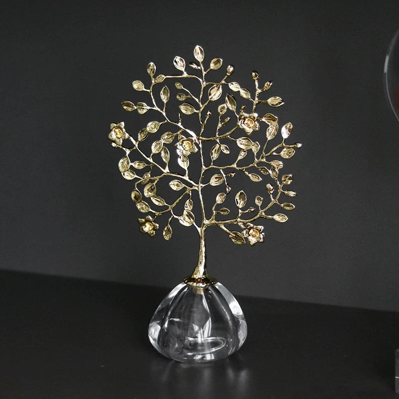 Golden Crystal Tree Ornament – Decorative Art Sculpture with Glass Base