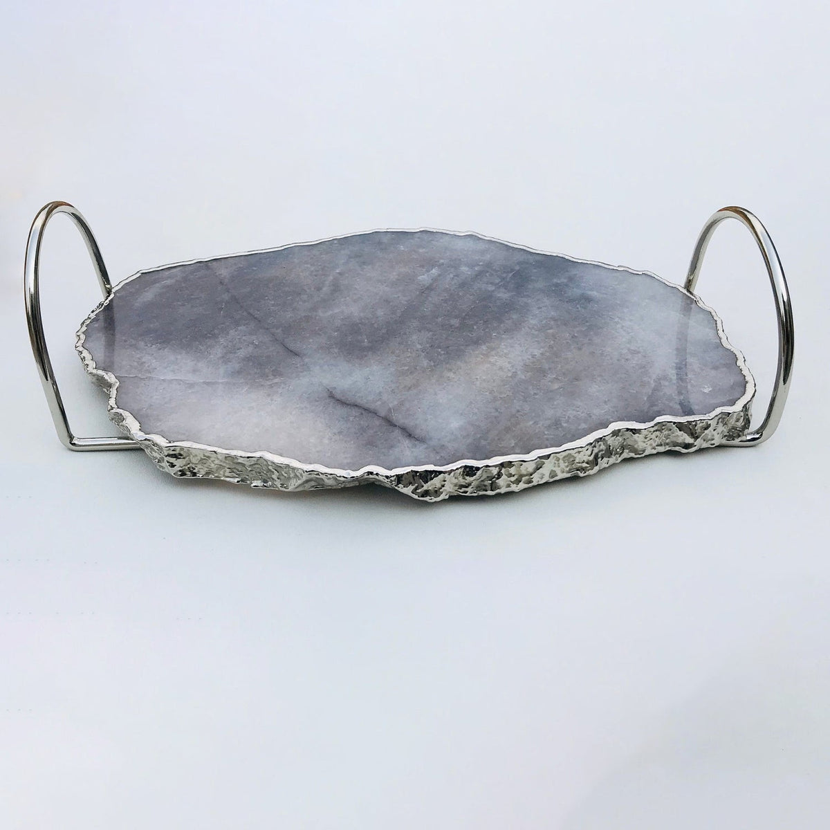 Gray Agate Quartz Serving Tray With Silver Finish Loop Handles