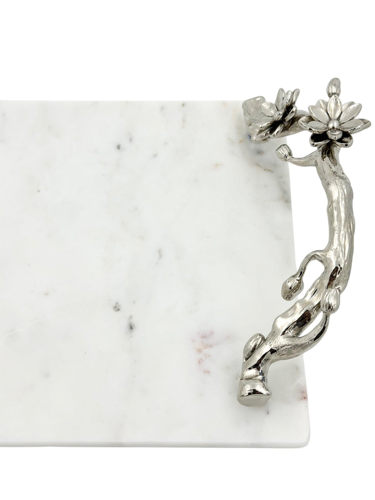 White Marble Natural Serving Tray with Gilded Floral Handles