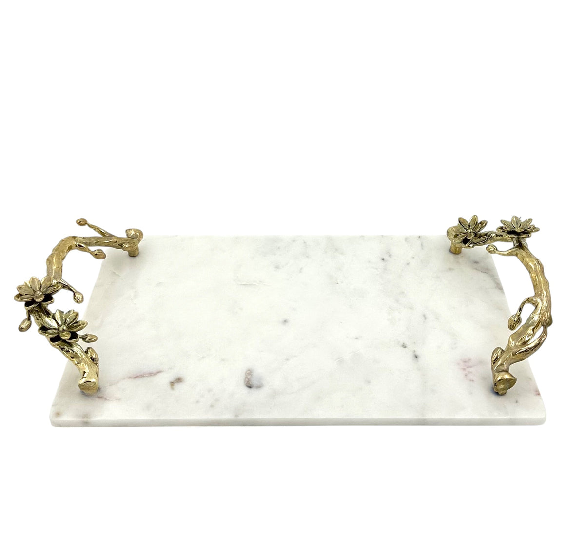 White Marble Natural Serving Tray with Gilded Floral Handles
