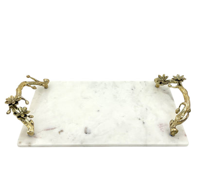 White Marble Natural Serving Tray with Gilded Floral Handles