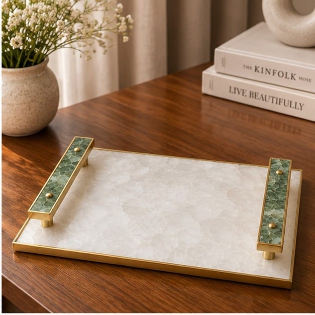 White Crystal Agate Serving Tray with Green Agate Handles