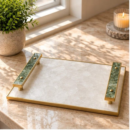 White Crystal Agate Serving Tray with Green Agate Handles
