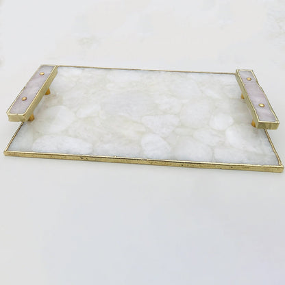 White Crystal Agate Serving Tray with Rose Quartz Handles