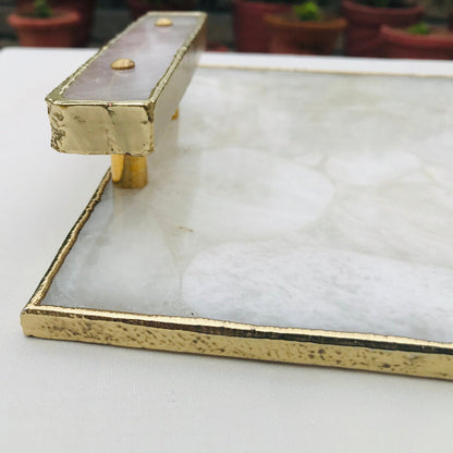 White Crystal Agate Serving Tray with Rose Quartz Handles