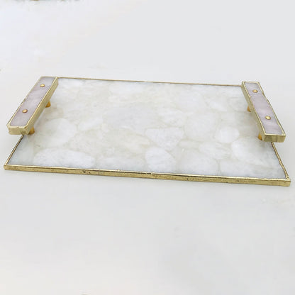 White Crystal Agate Serving Tray with Rose Quartz Handles