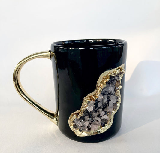 Wave - Handcrafted Set of 2 Crystal Classic Gemstone Black Ceramic Mugs