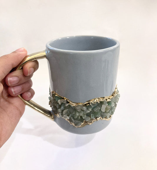 Flow - Handcrafted Set of 2 Crystal Chip Band Gray Ceramic Mugs