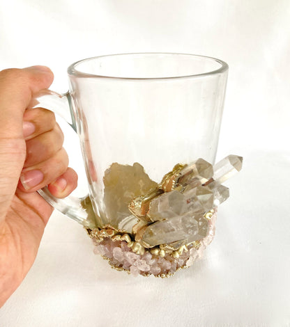 Handcrafted Crystal Coffee & Tea Glasses with Clear Crystal and Rose Quartz Agate